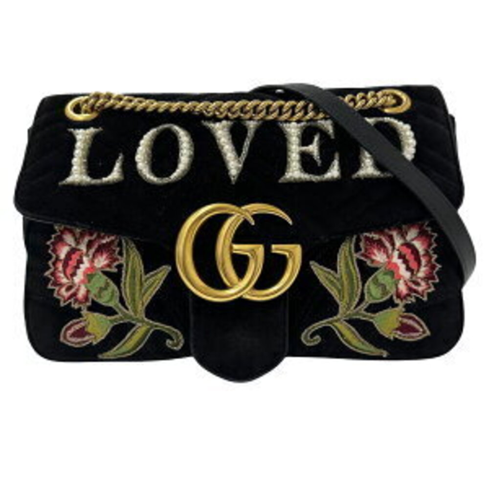 Gucci Bag Shoulder Leather Velour GG Marmont Black Chain Flower Pearl